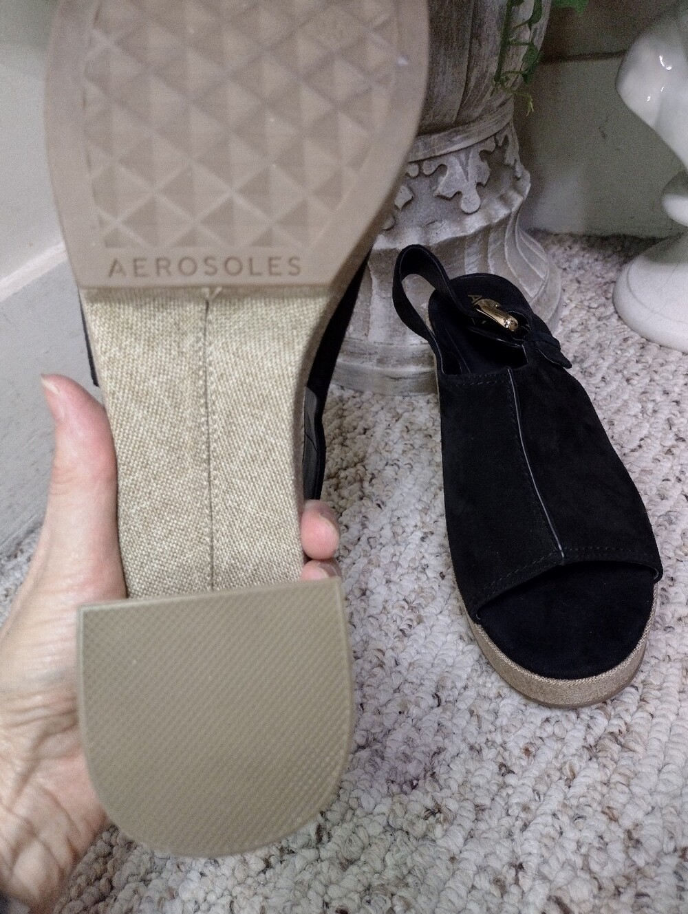 AEROSOLES Studio Zella Black Suede & Taupe Linen Platform Slingback Sandals - Picture 8 of 9